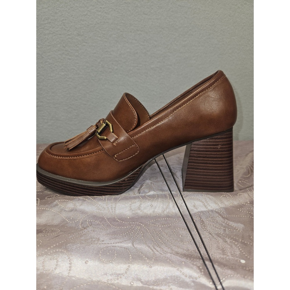 ana Hazen Heeled Loafers Dark Cognac Tassel Block Heel Square Toe 9M 023-1496